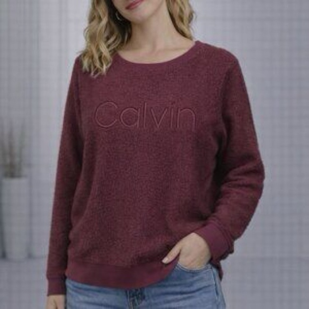 Calvin Klein Maroon Crewneck Sherpa Sweater for Women